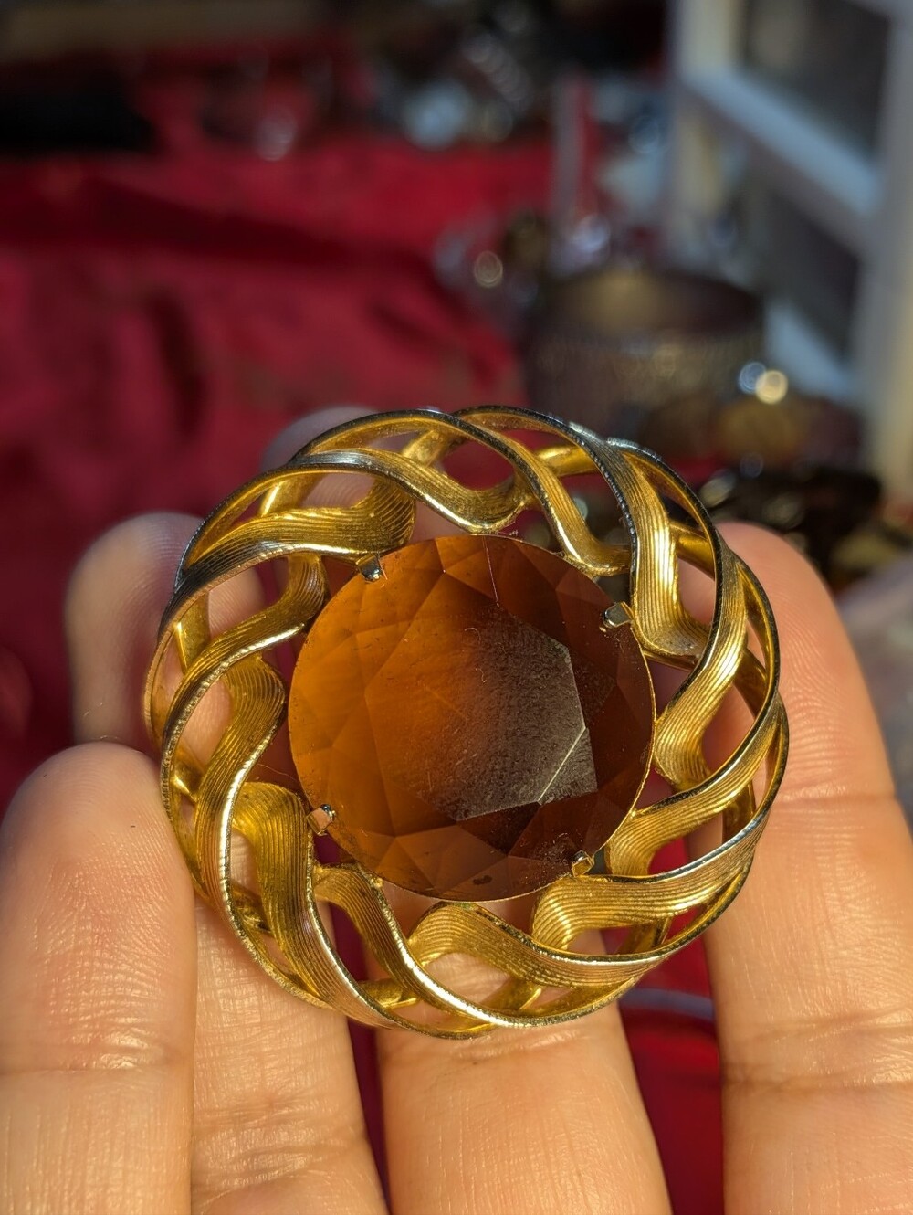 Marvella Gold-Tone Swirl Brooch with Amber Stone